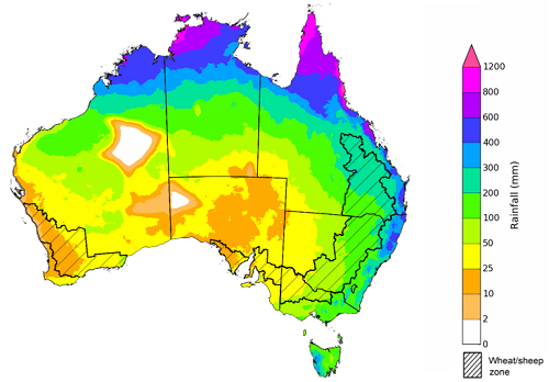 Map showing the rainfall totals that have a 75% chance of occurring during the next three months in Australia. Image provided by the Bureau of Meteorology. Please refer to accompanying text for a more detailed description.