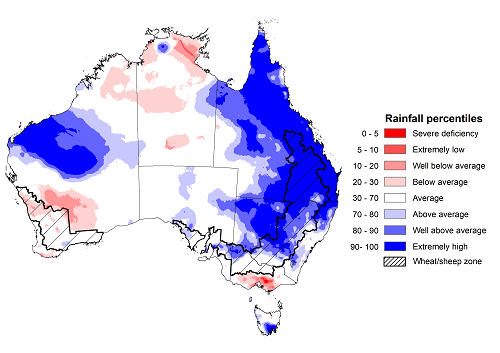 Map showing the rainfall percentiles for the previous month in Australia. Image provided by the Bureau of Meteorology. Please refer to accompanying text for a more detailed description.