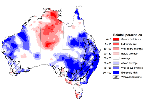 Map showing the rainfall percentiles the previous season in Australia. Image provided by the Bureau of Meteorology. Please refer to accompanying text for a more detailed description.