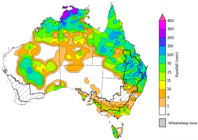 Map showing weekly rainfall totals in Australia. Image provided by the Bureau of Meteorology. Please refer to accompanying text for a more detailed description.