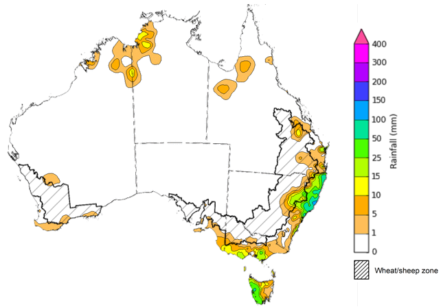 Map showing weekly rainfall totals in Australia. Image provided by the Bureau of Meteorology. Please refer to accompanying text for a more detailed description.