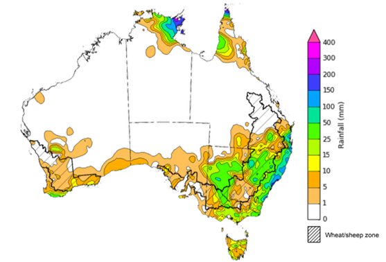 Map showing weekly rainfall totals in Australia. Image provided by the Bureau of Meteorology. Please refer to accompanying text for a more detailed description