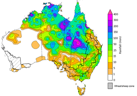 Map showing weekly rainfall totals in Australia. Image provided by the Bureau of Meteorology. Please refer to accompanying text for a more detailed description.