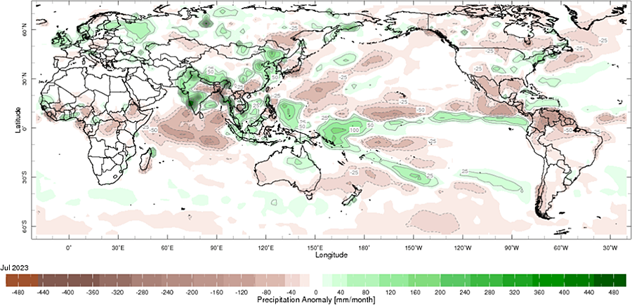 July 2023 was wetter than average for most of northern Europe, in the region from the Black Sea and Ukraine to northwestern Russia, over north-eastern North America, north-eastern China, across India, Southeast Asia, and the UK, northern and eastern Australia and in parts of southern Brazil