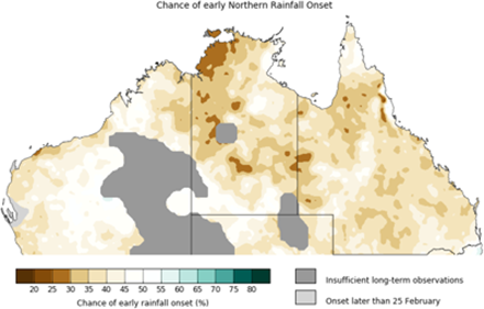 A later than usual 2023–24 northern rainfall onset is likely for most of northern Australia. This includes most of Queensland, Northern Territory and northern Western Australia where there is a 60-70% chance of later than usual rainfall onset. However, an early rainfall onset is likely for some inland areas of Gascoyne and interior districts of Western Australia and Yulara district in the Northern Territory.