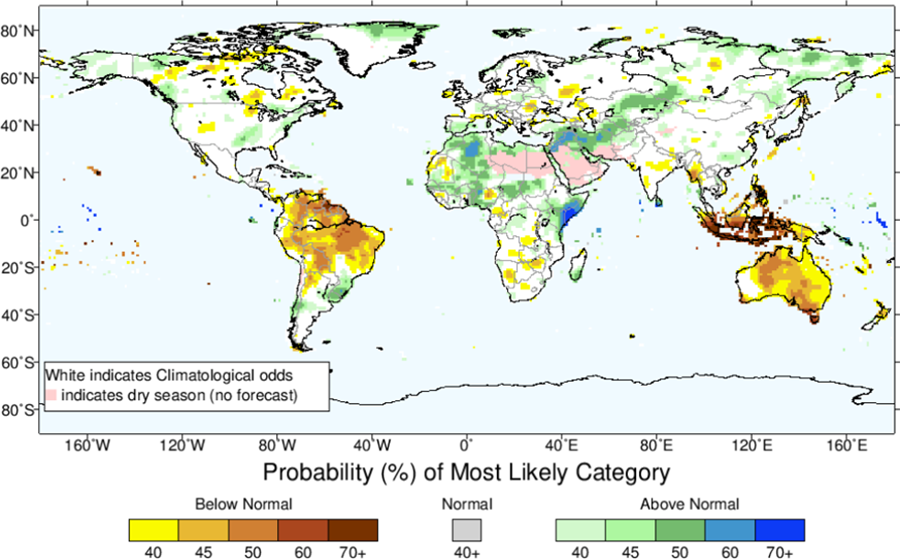 A drier than normal spring 2023 is forecast for Australia, northern South America and Maritime Continent.