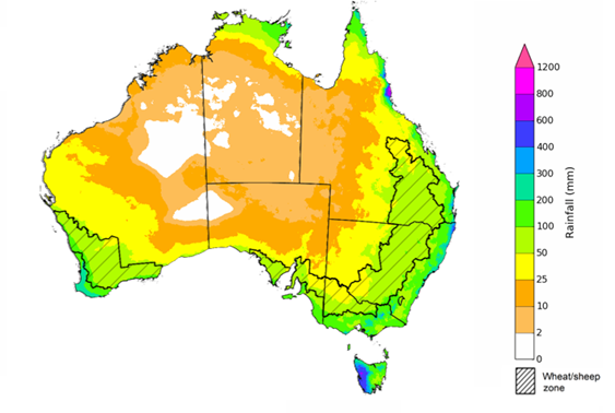 Map showing the rainfall totals that have a 75% chance of occurring during the next three months in Australia. Image provided by the Bureau of Meteorology. Please refer to accompanying text for a more detailed description.