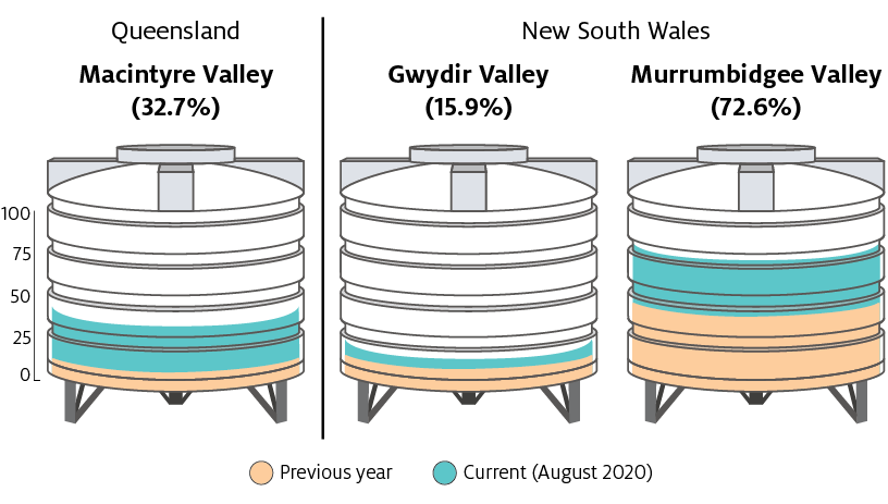 Storage levels in the Murrumbidgee, Gwydir and Macintyre rural systems have increased since the same time last year. The Murrumbidgee system is up to 72.6% of capacity, Gwydir up to 15.9%, and Macintyre is up to 32.7%.