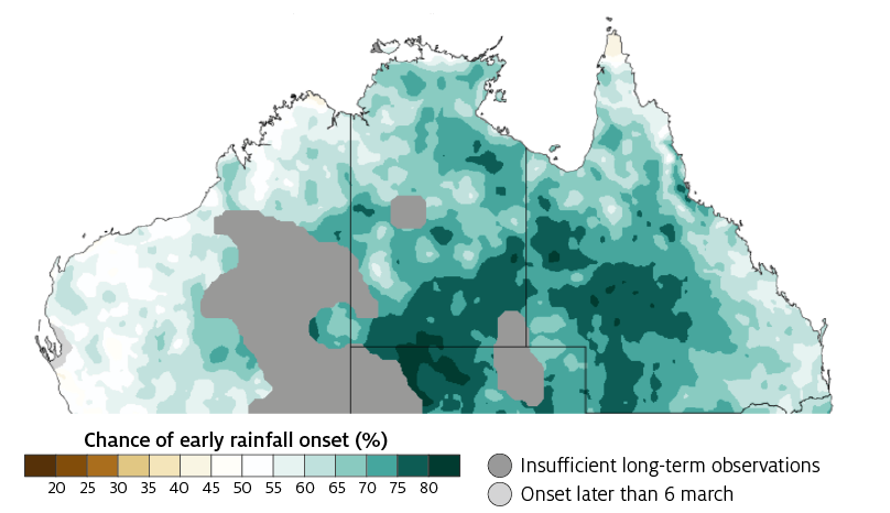 Map showing the chance of early rainfall onset across tropical Australia
