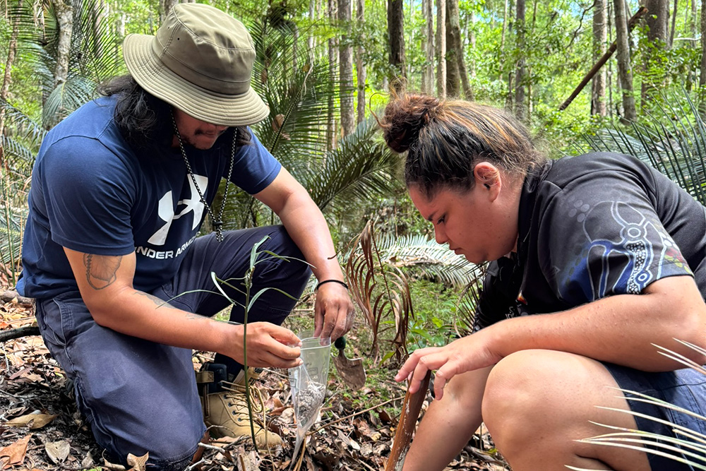 Image of two people outdoors, kneeling down, working