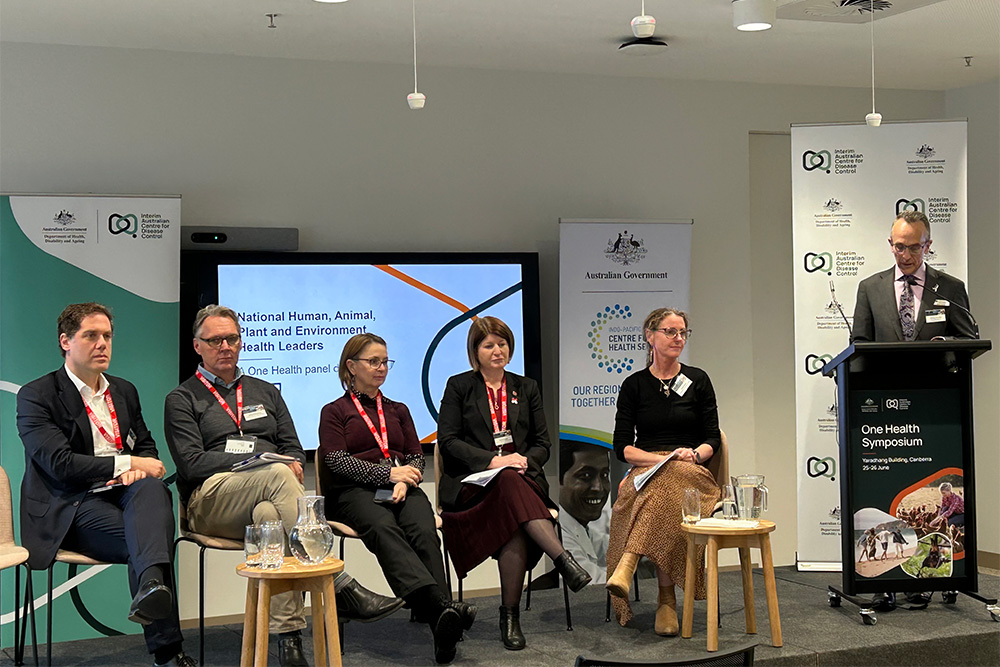 Image of 5 people sitting in front of an audience and one person standing at a podium