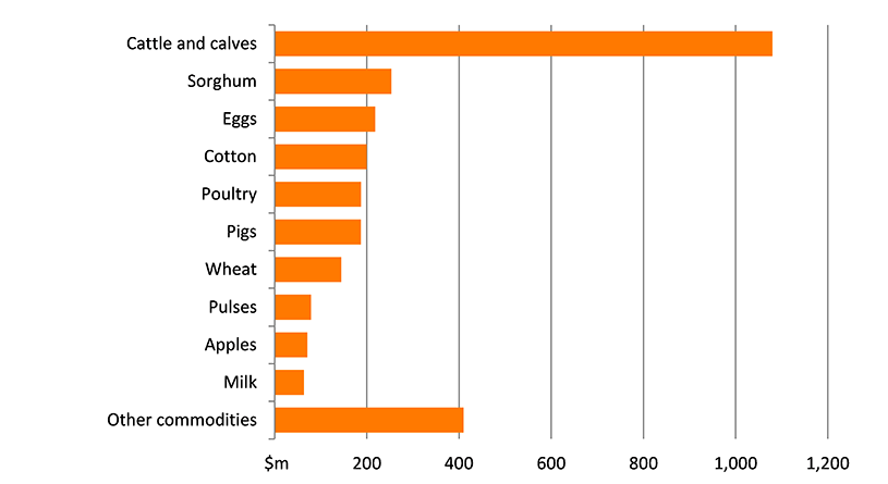 Shows the gross value of agricultural production in the region in millions of dollars. The figure is discussed in the previous three paragraphs.