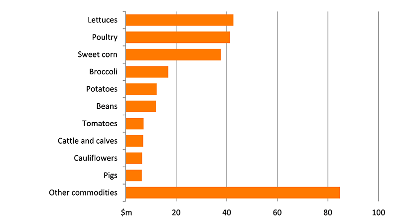 Shows the gross value of agricultural production in the region in millions of dollars. The figure is discussed in the previous three paragraphs.