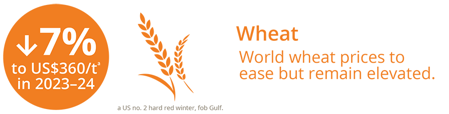 World wheat prices are forecast to ease yet remain elevated reflecting tight global supply. The world indicator price for wheat (US no.2 Hard Red Winter) is forecast to fall by 7% to US$360 per tonne in 2023–24.