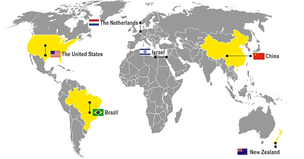A world map highlighting the countries of The United States, Brazil, The Netherlands, Israel, China and New Zealand.
