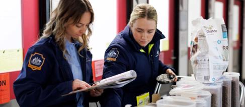 2 female Biosecurity vets organising animal food.