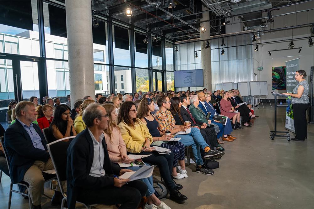 Image of a large group of people sitting, watching a presentation