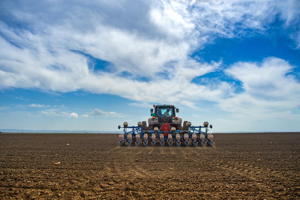 Image of grain harvesting machine in a large field
