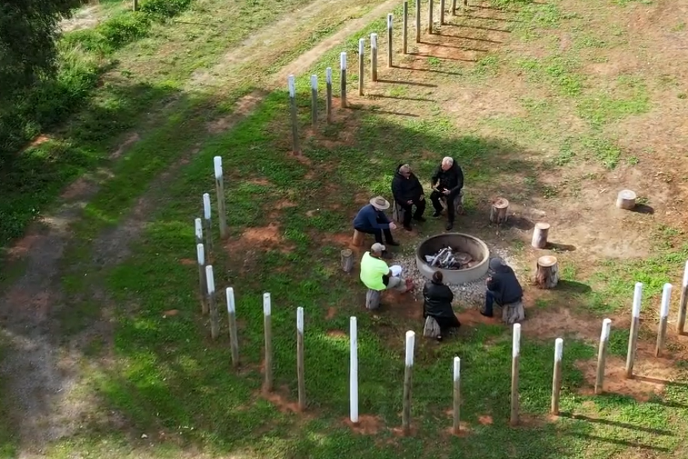 A group of people sitting in a circle on the ground outdoors