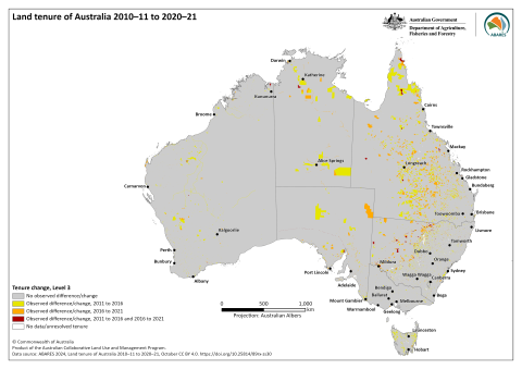 Map of Australia showing locations of Land Tenure change at Level 3 between the three time periods, 201-11, 2015-16 and 2020-21