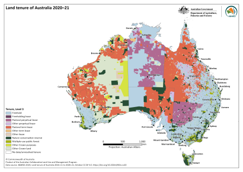 Map of Australia showing Land Tenure at Level 3 for 2020-21
