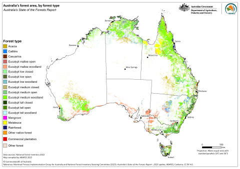 Map of the Forests of Australia (2023) spatial dataset showing the distribution of Australia's forests and forest types