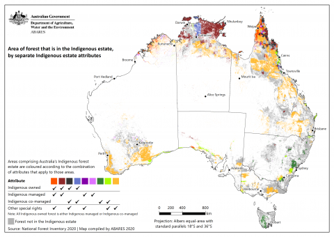 Map of the area of forest that is in the Indigenous estate by separate Indigenous estate attributes.