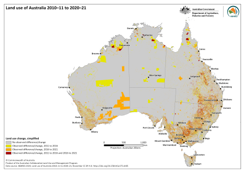 Map of Australia showing locations of land use change 2010-11 to 2015-16 and or 2015-16 to 2020-21