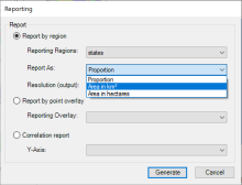 Image shows report by region option with Resolution box showing options for Proportion, Area in km2 or Area in Ha